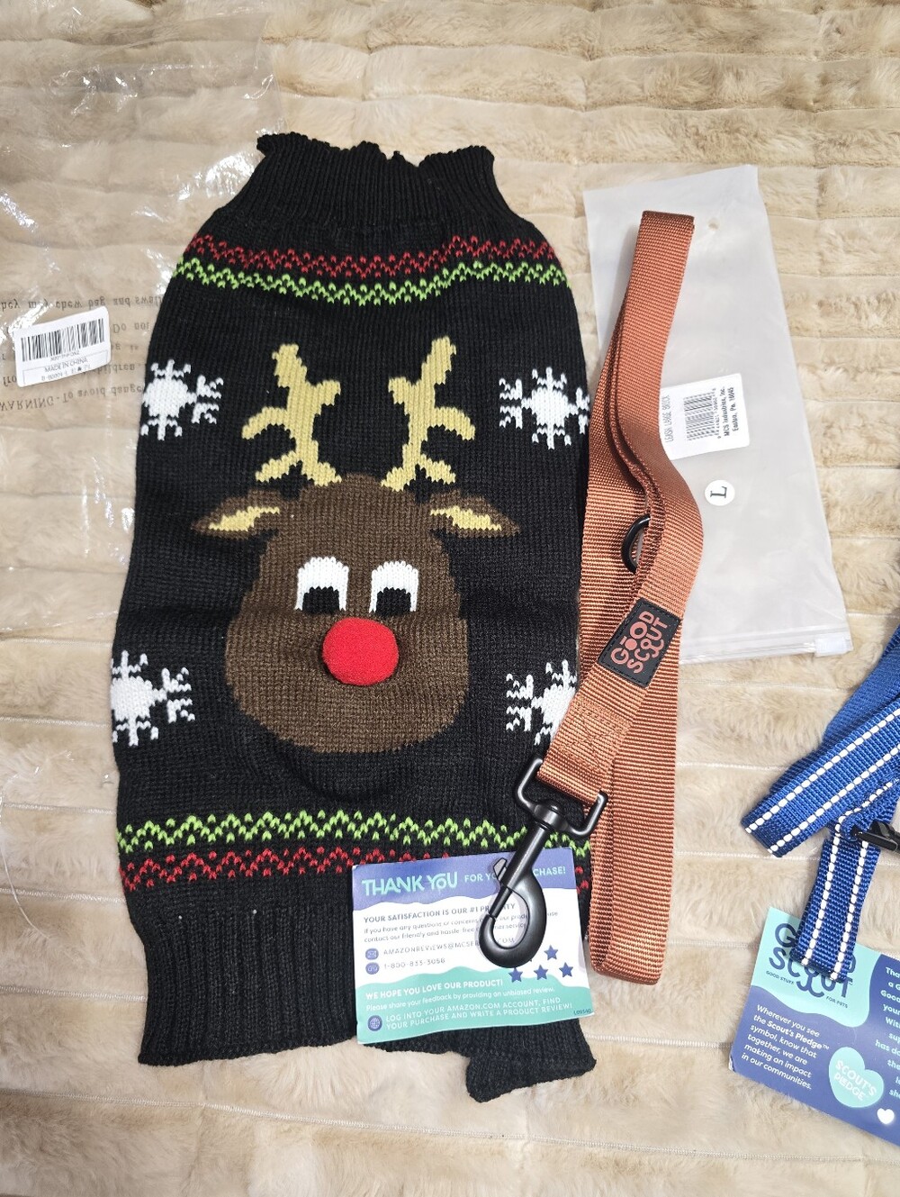 Good Scout Dog Leashes (2) & Christmas Reindeer Knit Dog Sweater Lot NWT